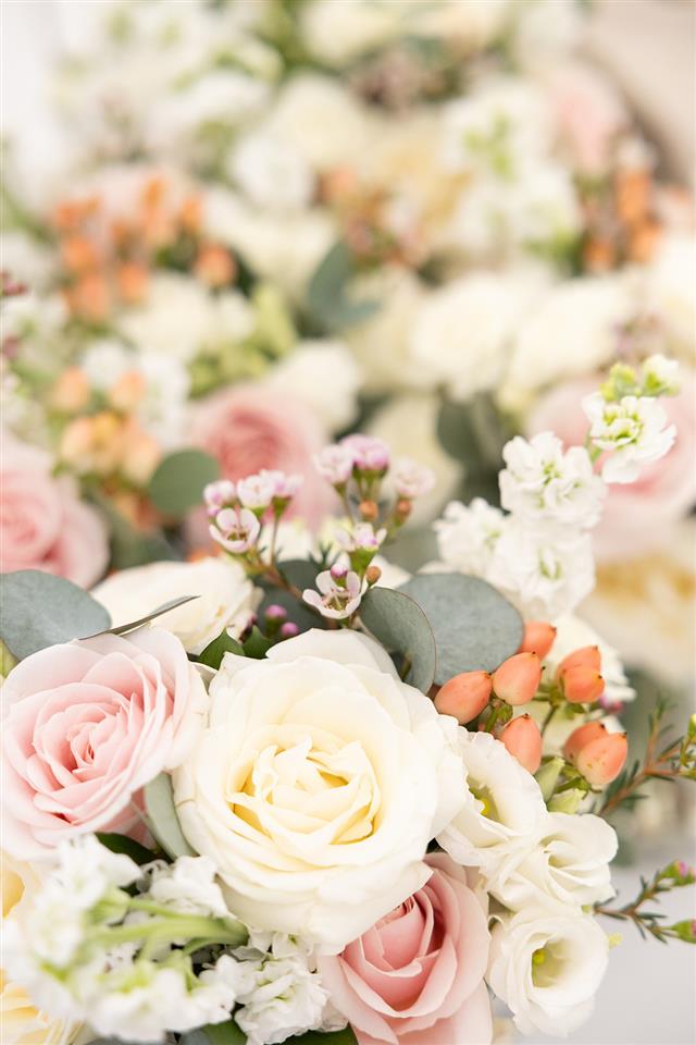 Stunning overview of bridal bouquets in blush tones including Roses, Waxflower, stocks, hypericum and eucalyptus